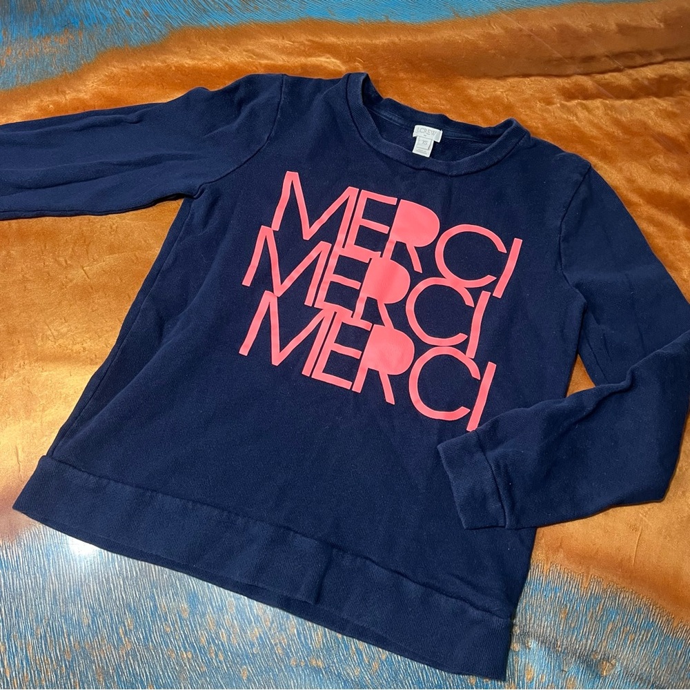 J. Crew Merci pink Graphic Crewneck Sweatshirt Navy Blue XS 100% cotton